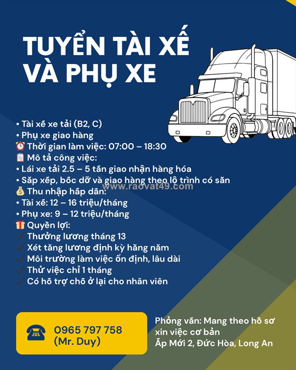 Tuyển dụng tài xế và phụ xe đức hoà