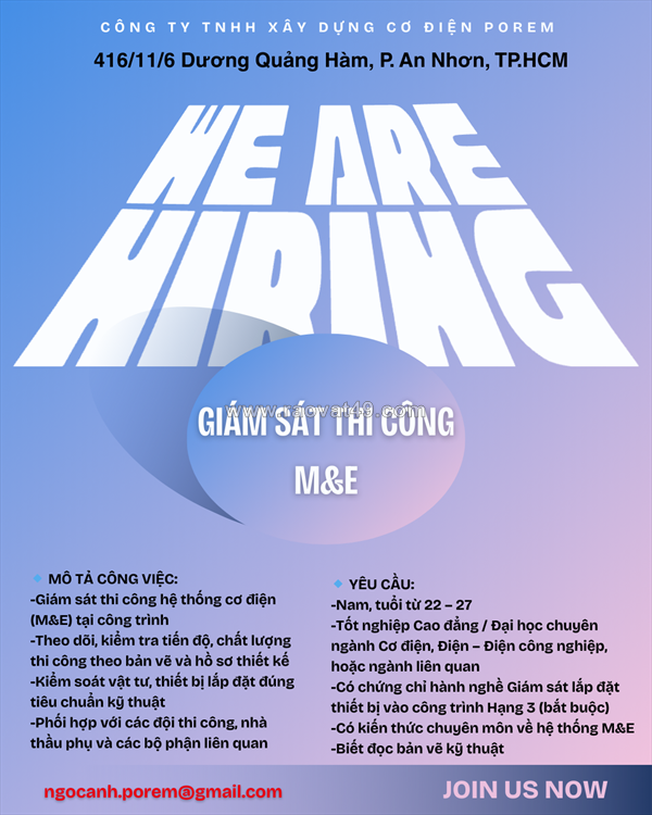 Tuyển giám sát thi công m&e tp.hcm