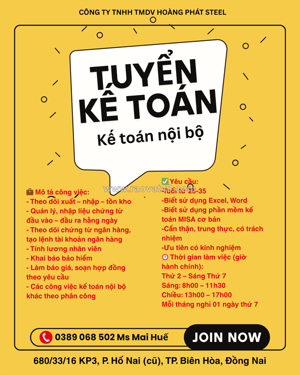 Tuyển kế toán nội bộ biên hòa