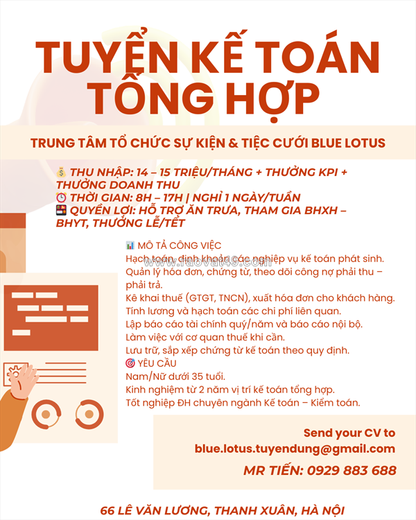 Tuyển kế toán tổng hợp thanh xuân