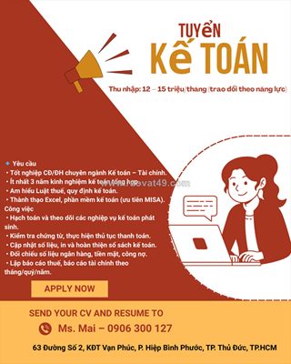 Tuyển kế toán tổng hợp tp. thủ đức
