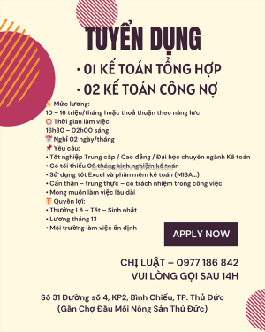 Tuyển kế toán tổng hợp và kế toán công nợ thủ đức