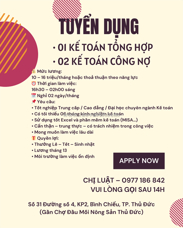 Tuyển kế toán tổng hợp và kế toán công nợ thủ đức