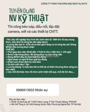 Tuyển kỹ thuật lắp đặt tại hcm, hà nội