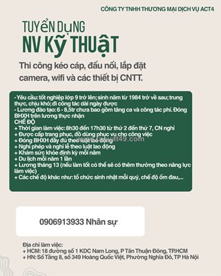 Tuyển kỹ thuật lắp đặt tại hcm, hà nội