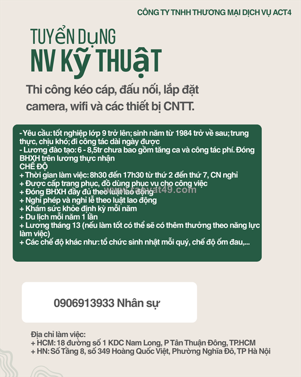 Tuyển kỹ thuật lắp đặt tại hcm, hà nội