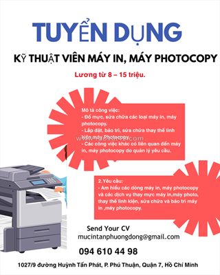 Tuyển kỹ thuật viên máy in, photocopy quận 7