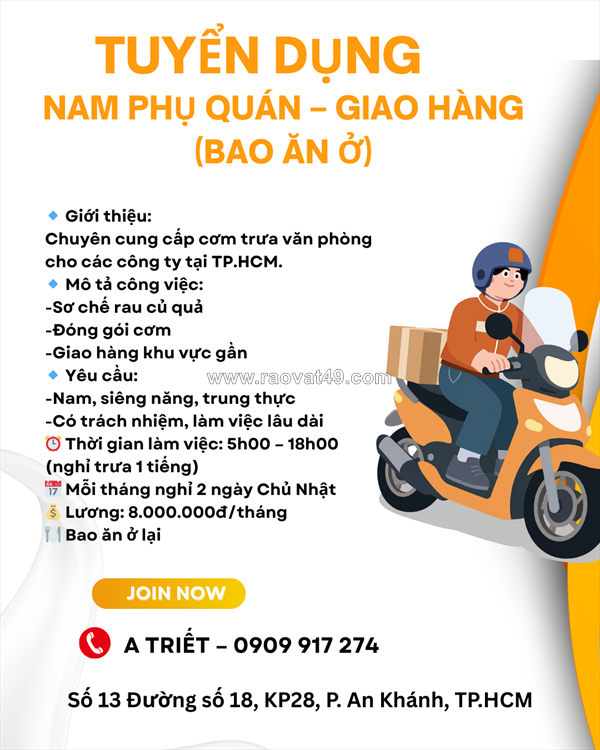 Tuyển nam phụ quán giao hàng bao ăn ở