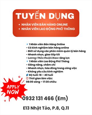 Tuyển nhân viên bán hàng online và lđpt quận 11