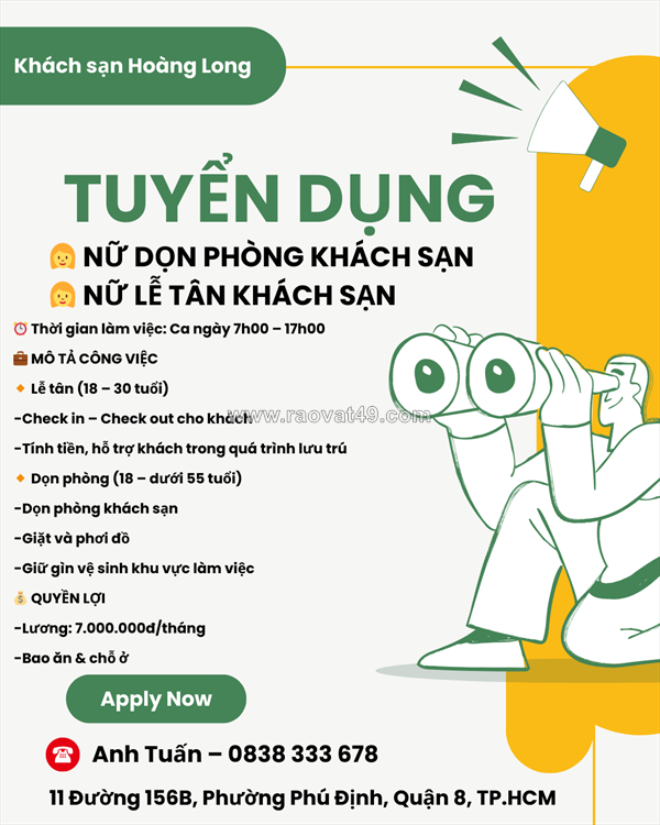 Tuyển nhân viên dọn phòng và lễ tân khách sạn q8