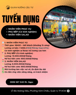 Tuyển nhân viên phục vụ, phụ bếp, salad quận 4