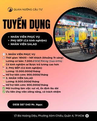 Tuyển nhân viên phục vụ, phụ bếp, salad quận 4
