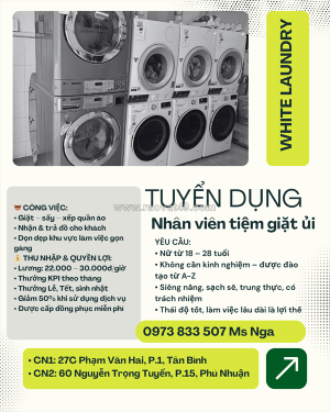 Tuyển nhân viên tiệm giặt ủi tân bình và phú nhuận