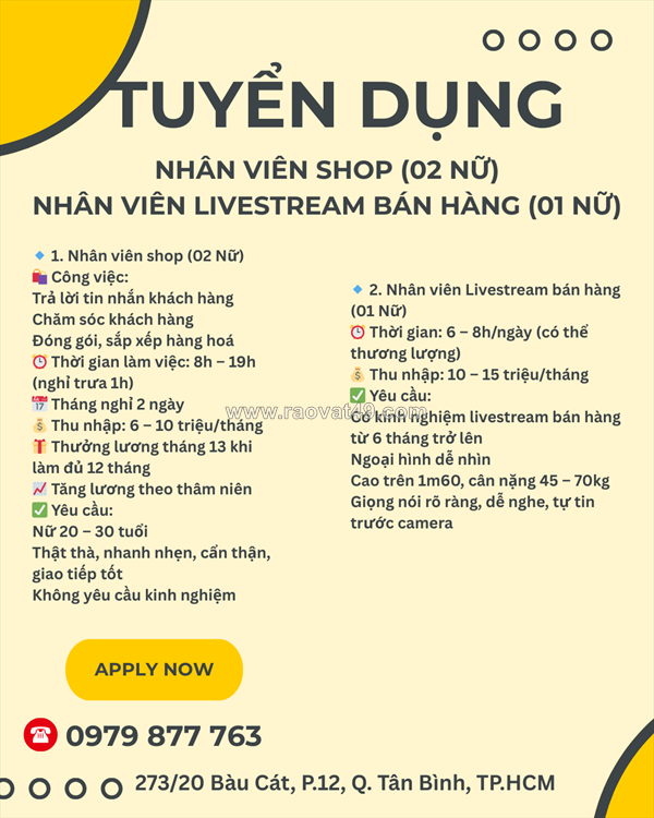 Tuyển nữ nhân viên bán hàng và livestream bán hàng