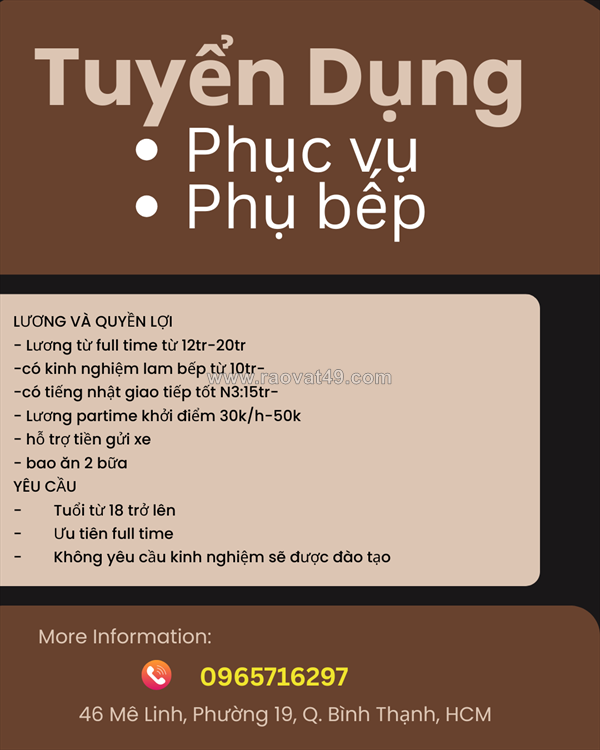 Tuyển phục vụ, phụ bếp bình thạnh