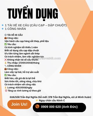 Tuyển tài xế xe cẩu và công nhân lê minh xuân