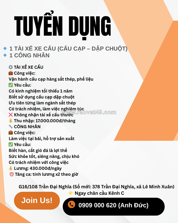 Tuyển tài xế xe cẩu và công nhân lê minh xuân