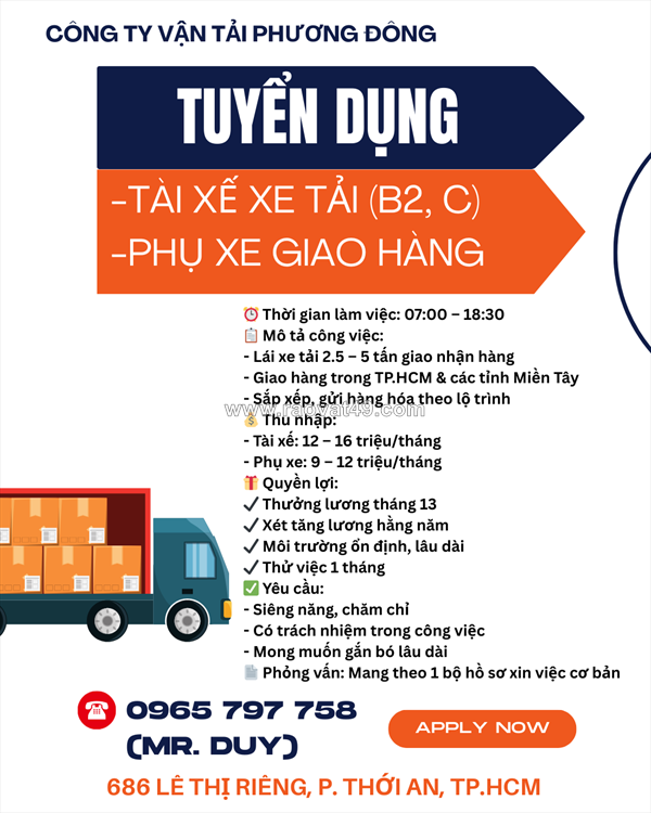 Tuyển tài xế xe tải (b2, c) và phụ xe giao hàng
