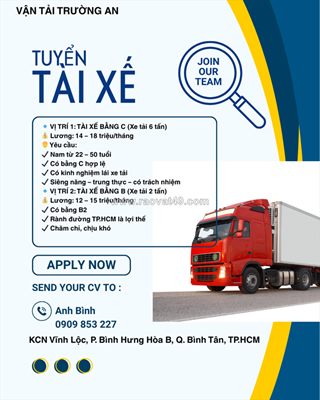 Tuyển tài xế xe tải bằng b và c bình tân