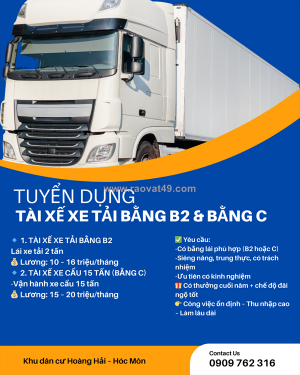 Tuyển tài xế xe tải bằng b2 và c hóc môn
