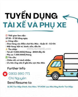 Tuyển tài xế xe tải và phụ xe hóc môn