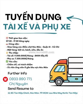 Tuyển tài xế xe tải và phụ xe hóc môn