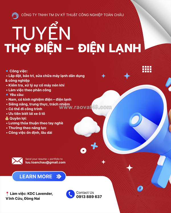Tuyển thợ điện, điện lạnh vĩnh cửu