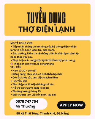 Tuyển thợ điện lạnh thanh khê