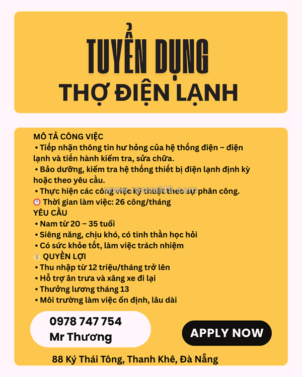 Tuyển thợ điện lạnh thanh khê