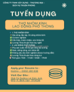 Tuyển thợ nhôm kính và lđpt bình tân