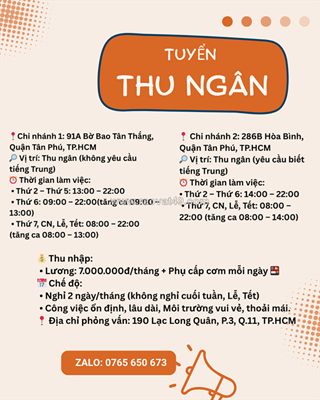 Tuyển thu ngân biết tiếng trung quận tân phú