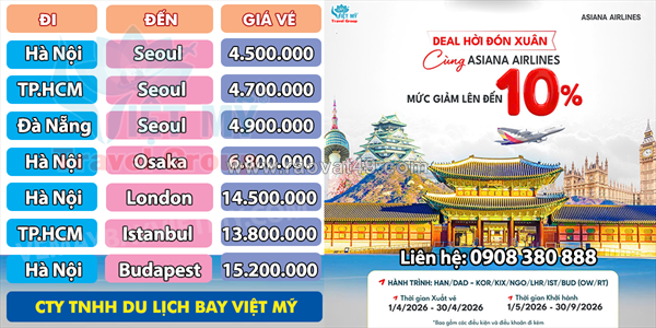 Asiana airlines giảm 10% giá vé đi quốc tế
