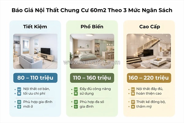 Báo giá nội thất chung cư 60m2 2026 – làm bao nhiêu tiền? (chi tiết từ xưởng)