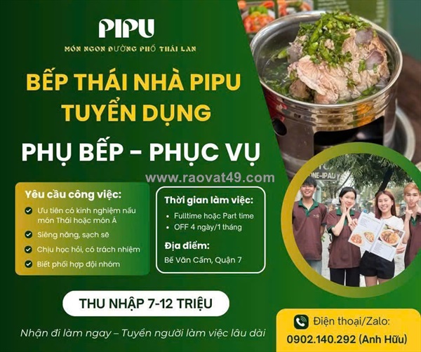 Bếp thái pipu tuyển ql ,nv bếp, phục vụ - thu ngân & tạp vụ