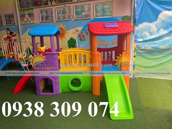 Bộ cầu trượt 2 khối nhà, nhà khối cầu trượt nhựa trẻ em