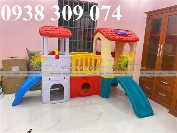 Bộ cầu trượt 2 khối nhà, nhà khối cầu trượt nhựa trẻ em