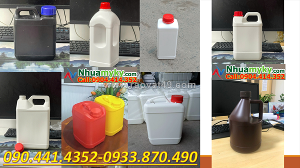 Can nhựa 5 lít vàng, can nhựa 2 lít đựng chất tẩy, can 1 lít đựng màu mực máy in