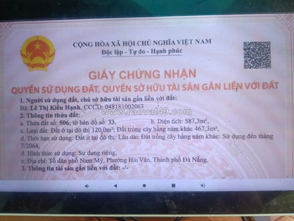 Chính chủ cần bán 3 lô đất nhà vườn hòa bắc thôn nam mỹ phường hải vân tp đà nẵng