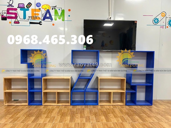 Kệ gỗ mầm non 3 tầng, kệ sách mầm non bằng gỗ