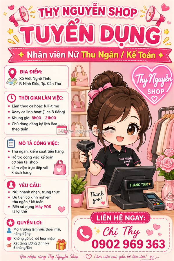 [ko cần kn] nv nữ thu ngân/kế toán cần thơ