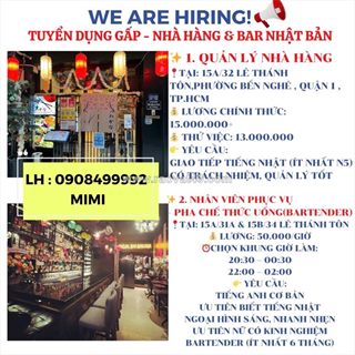 Nhà hàng q1 tuyển quản lý nhà hàng - nv pha chế , phục vụ