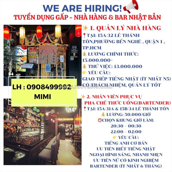 Nhà hàng q1 tuyển quản lý nhà hàng - nv pha chế , phục vụ
