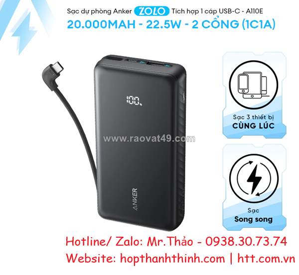 Pin dự phòng anker zolo 10.000mah (a110d) – sạc nhanh 22.5w, cáp tích hợp siêu bền