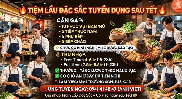 Tiệm lẩu đặc sắc tuyển dụng – đi làm ngay