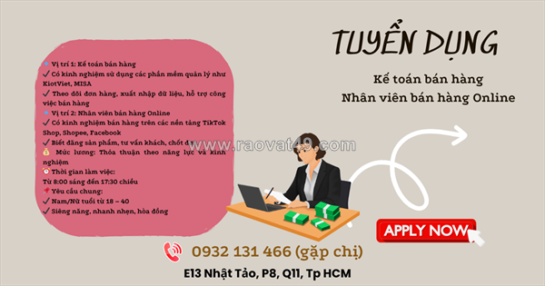 Tuyển 2 nv kế toán, bán hàng online q11