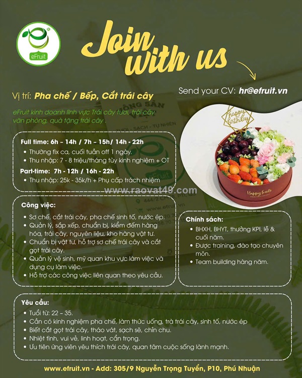 [tuyển gấp] pha chế/cắt trái cây/phụ bếp phú nhuận