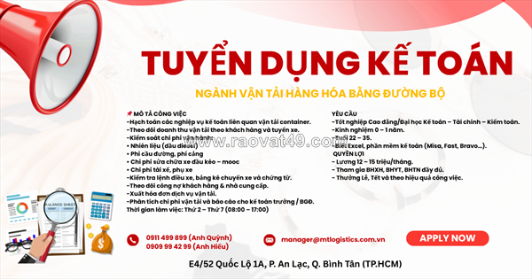 Tuyển kế toán nghành vận tải hàng hóa q. bình tân