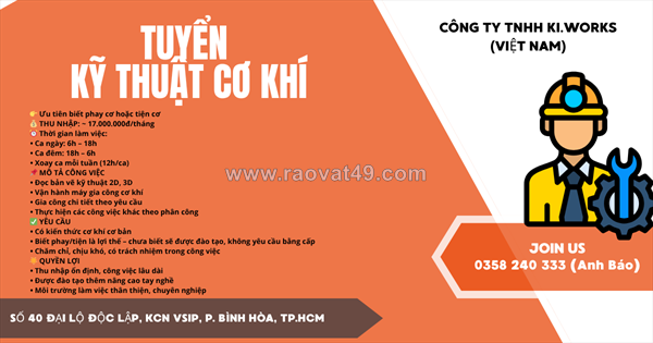 Tuyển kỹ thuật cơ khí kcn vsip bình dương