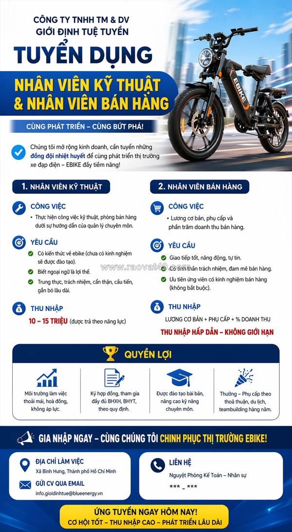Tuyển nv kỹ thuật, nv bán hàng bình chánh