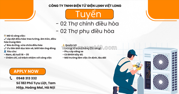 Tuyển thợ chính, thợ phụ điều hòa hoàng mai